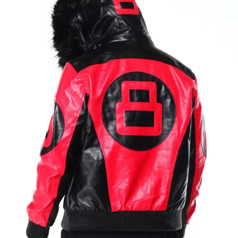 Mens Black Red 8 Ball Hooded Leather Jacket - Image 3