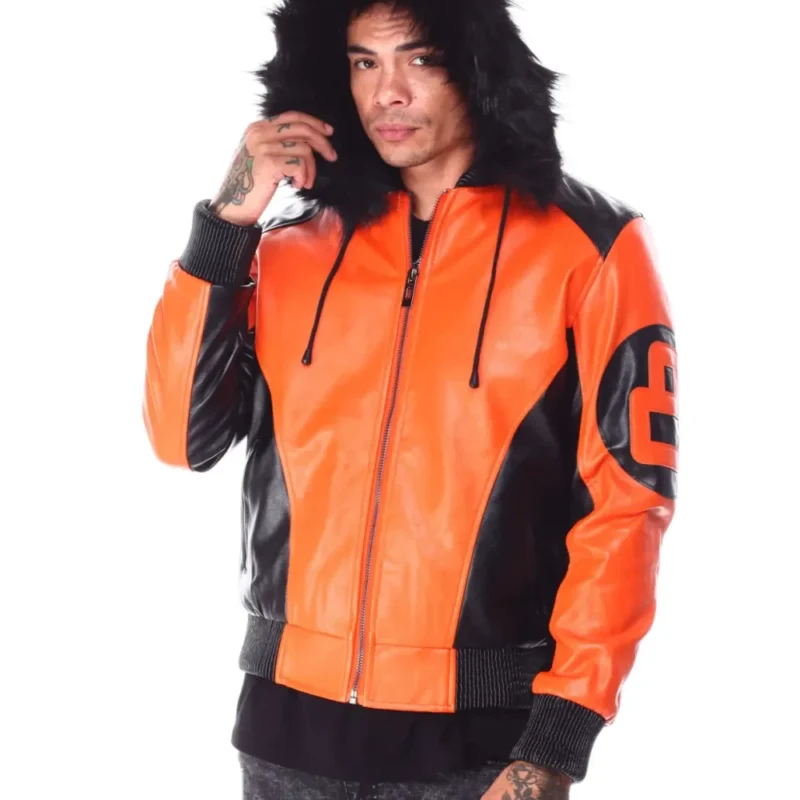 Mens Orange/Black 8 Ball Hooded Leather Bomber Jacket