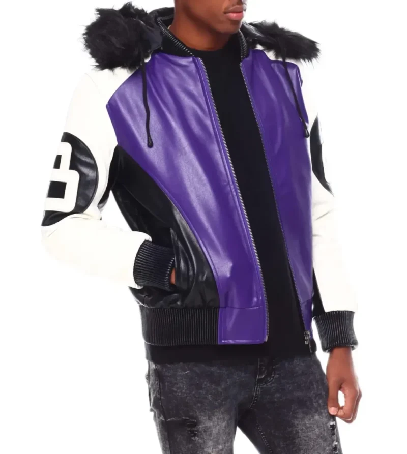 Mens Purple 8 Ball Color Block Hooded Bomber Jacket