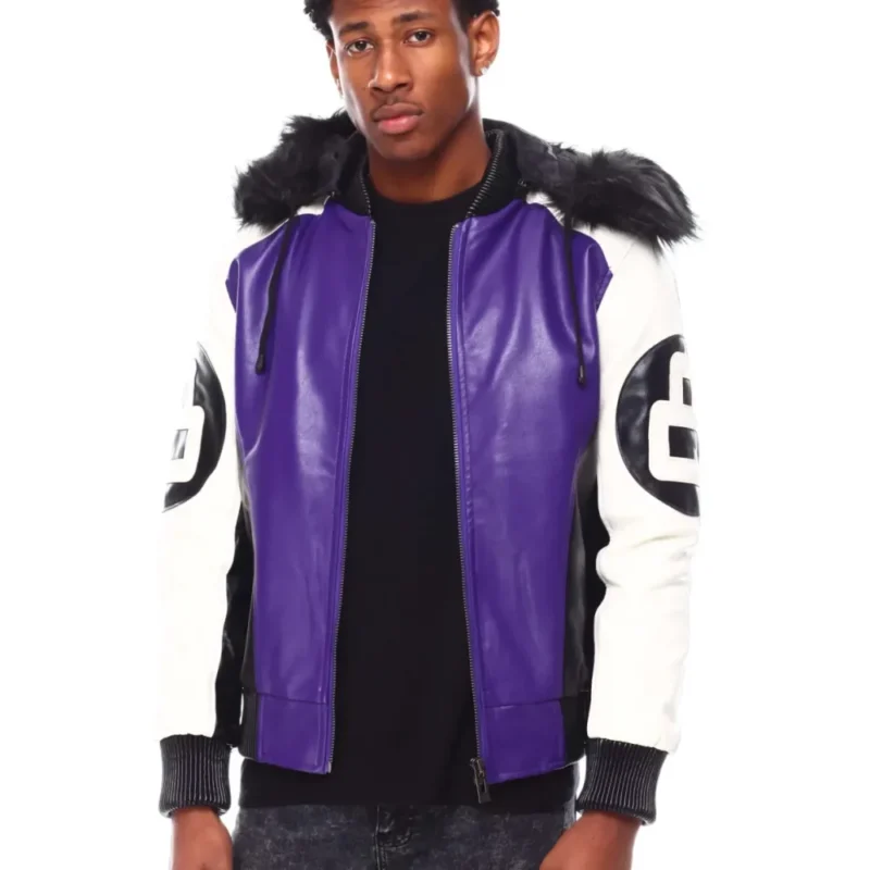 Mens Purple 8 Ball Color Block Hooded Bomber Jacket - Image 3