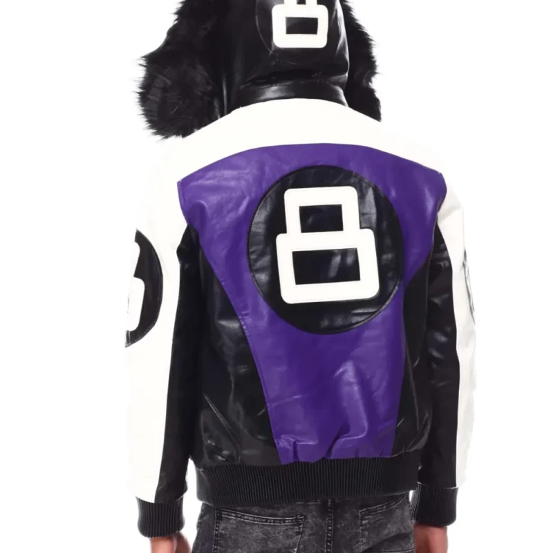 Mens Purple 8 Ball Color Block Hooded Bomber Jacket - Image 4