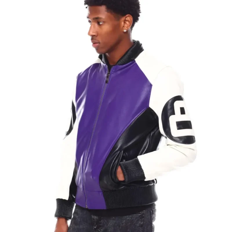 Mens Purple 8 Ball Color Block Hooded Bomber Jacket - Image 2