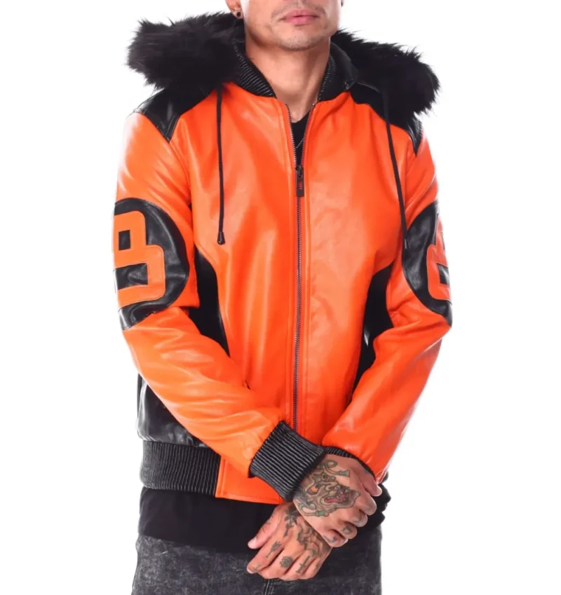 Mens Orange/Black 8 Ball Hooded Leather Bomber Jacket - Image 2