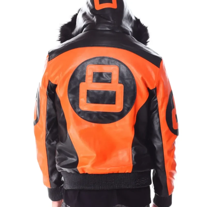 Mens Orange/Black 8 Ball Hooded Leather Bomber Jacket - Image 4