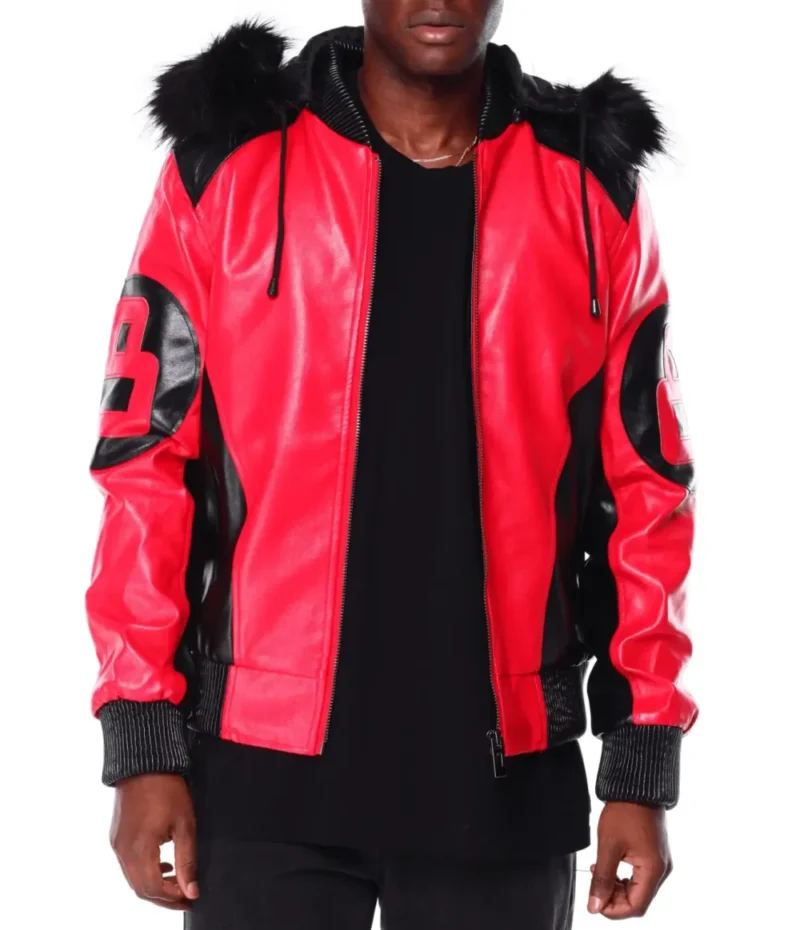 Mens Black Red 8 Ball Hooded Leather Jacket