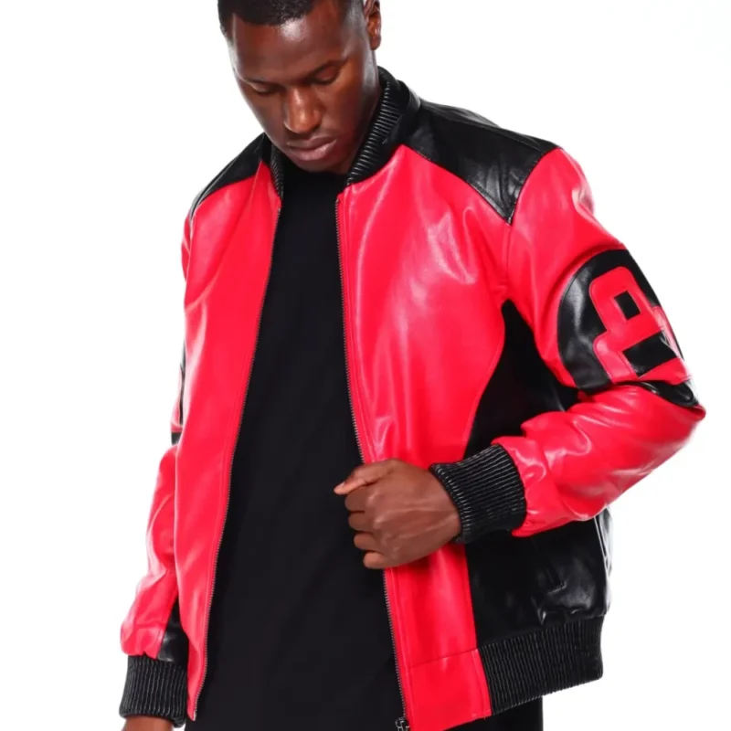 Mens Black Red 8 Ball Hooded Leather Jacket - Image 2