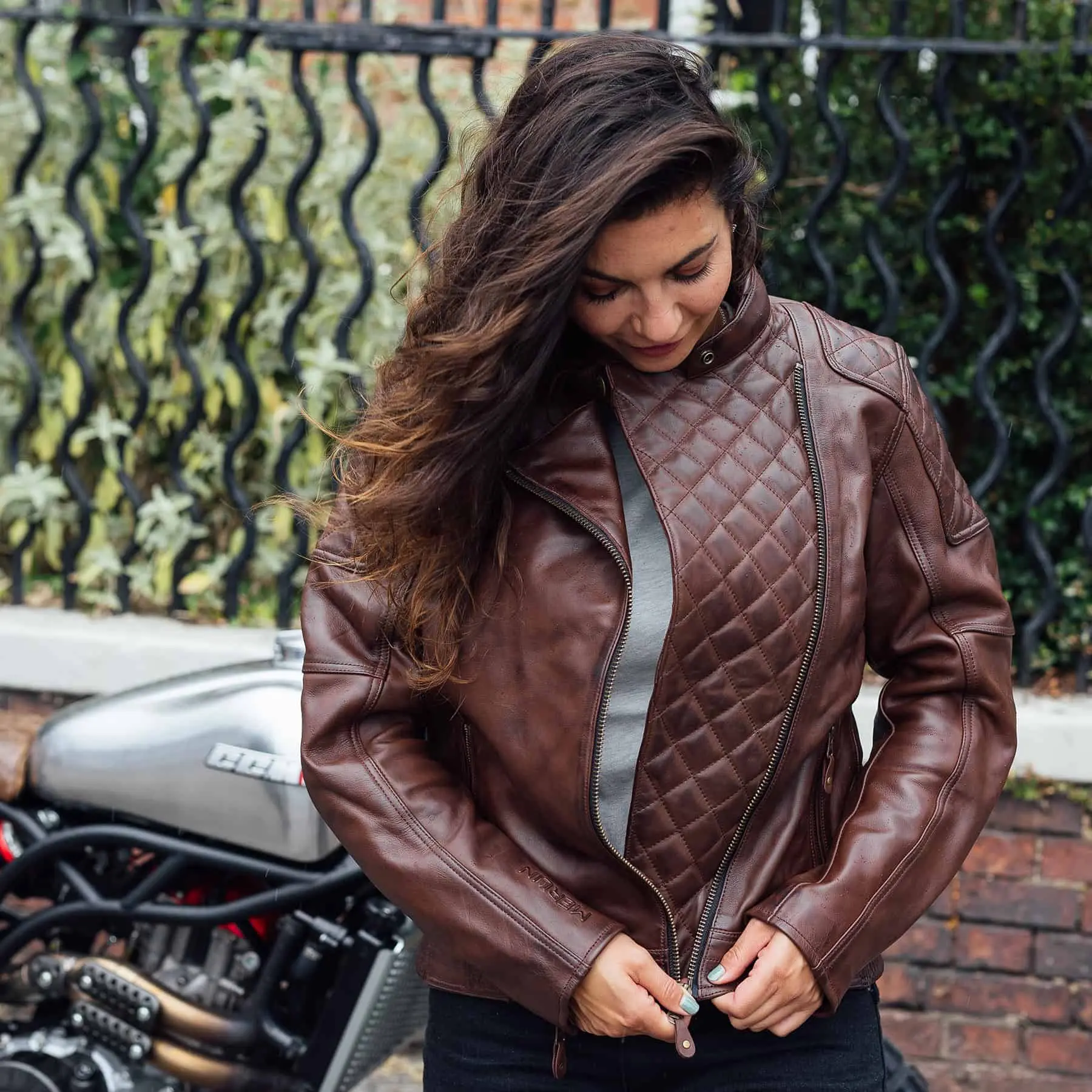 Bristol-Ladies-Jacket-Brown-Zipping-Up