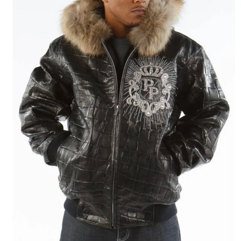 Pelle Pelle Crest Fur Hood Full Black Grain Leather Jacket