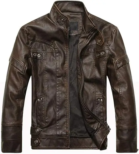 Men's Vintage Stand Collar Leather Jacket Motorcycle PU Jacket and Coat - Image 3