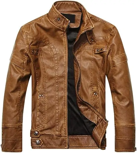 Men's Vintage Stand Collar Leather Jacket Motorcycle PU Jacket and Coat - Image 5