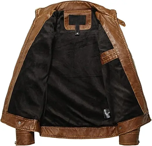 Men's Vintage Stand Collar Leather Jacket Motorcycle PU Jacket and Coat - Image 6