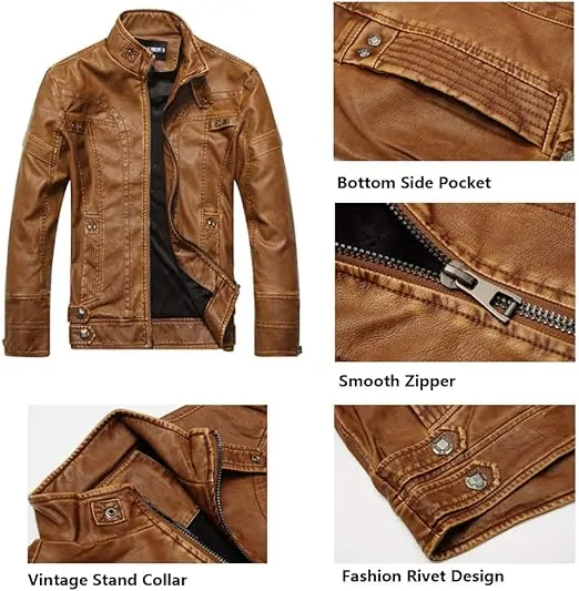 Men's Vintage Stand Collar Leather Jacket Motorcycle PU Jacket and Coat - Image 7