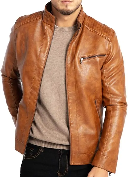 Men's Stand Collar Leather Jacket Motorcycle Lightweight