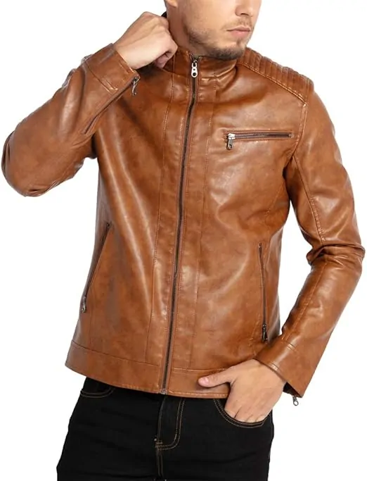 Men's Stand Collar Leather Jacket Motorcycle Lightweight - Image 2