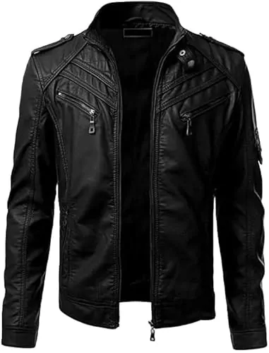 Men's Leather Jacket Stand Collar Motorcycle Leather Jackets Casual Lightweight Zip Up Biker Coat