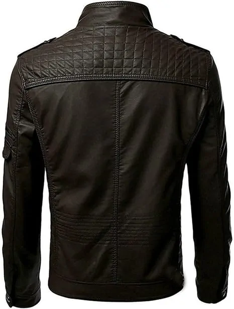 Men's Leather Jacket Stand Collar Motorcycle Leather Jackets Casual Lightweight Zip Up Biker Coat - Image 3