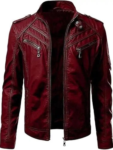 Men's Leather Jacket Stand Collar Motorcycle Leather Jackets Casual Lightweight Zip Up Biker Coat - Image 4