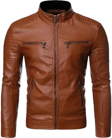 Men's Leather Jacket Stand Collar Motorcycle Leather Jackets Casual Lightweight Zip Up Biker Coat - Image 6