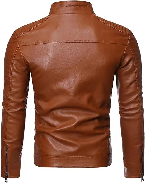 Men's Leather Jacket Stand Collar Motorcycle Leather Jackets Casual Lightweight Zip Up Biker Coat - Image 7