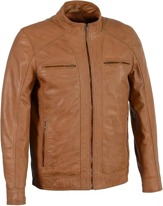 Leather Men's Saddle Color Lambskin Motorcycle Fashion Leather Jacket - Image 3