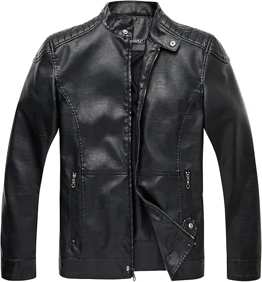 Men's Stand Collar Leather Jacket Motorcycle Lightweight Leather Outwear