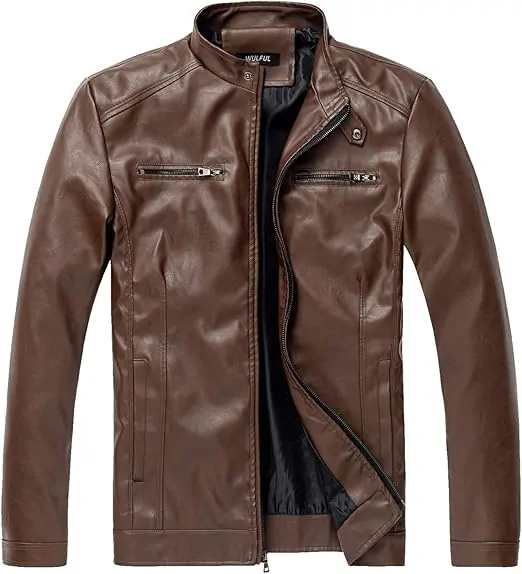 Men's Stand Collar Leather Jacket Motorcycle Lightweight Leather Outwear - Image 6