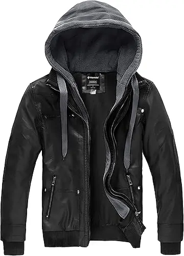 Men's Leather Jacket with Removable Hood Motorcycle Jacket