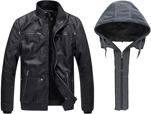 Men's Leather Jacket with Removable Hood Motorcycle Jacket - Image 3