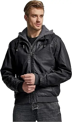 Men's Leather Jacket with Removable Hood Motorcycle Jacket - Image 4