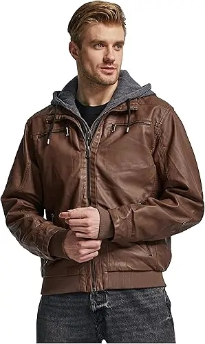 Men's Leather Jacket with Removable Hood Motorcycle Jacket - Image 10