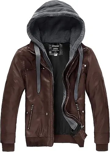 Men's Leather Jacket with Removable Hood Motorcycle Jacket - Image 5