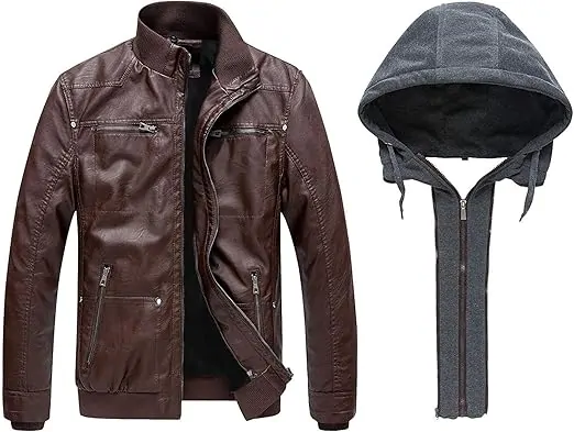 Men's Leather Jacket with Removable Hood Motorcycle Jacket - Image 6