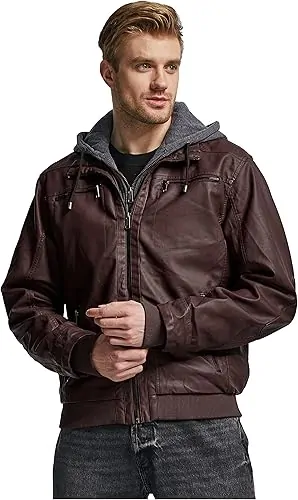 Men's Leather Jacket with Removable Hood Motorcycle Jacket - Image 7