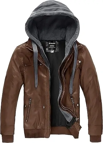 Men's Leather Jacket with Removable Hood Motorcycle Jacket - Image 8