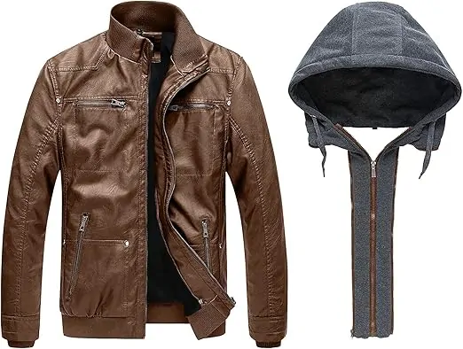 Men's Leather Jacket with Removable Hood Motorcycle Jacket - Image 9