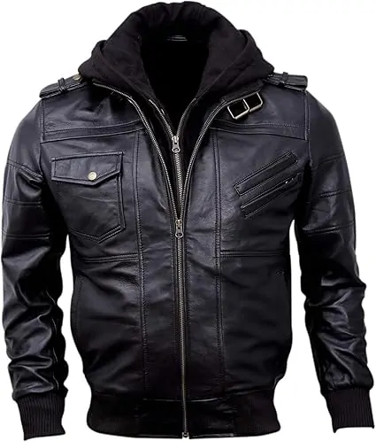 Mens Genuine Black Hooded Bomber Leather Jacket