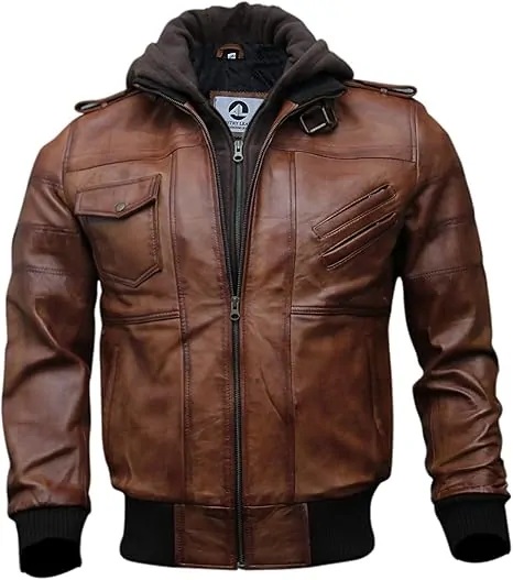 Mens Genuine Black Hooded Bomber Leather Jacket - Image 3