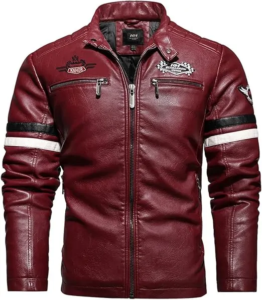 Men's Faux Leather Jacket Zip Up Casual Windbreaker Motorcycle Jacket Biker Outwear Coat - Image 5