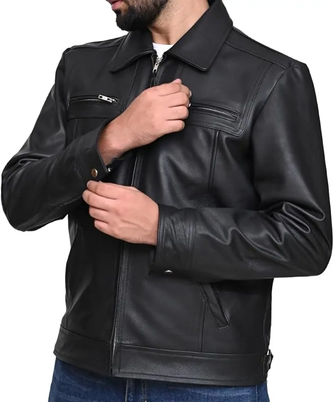 Black Genuine Cowhide Casual Leather Jacket for Men