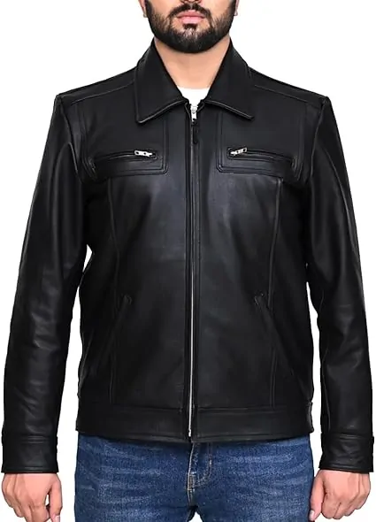 Black Genuine Cowhide Casual Leather Jacket for Men - Image 2