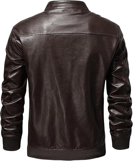 Men's Faux Leather Jacket Stand Collar Lightweight Bomber Jacket - Image 3