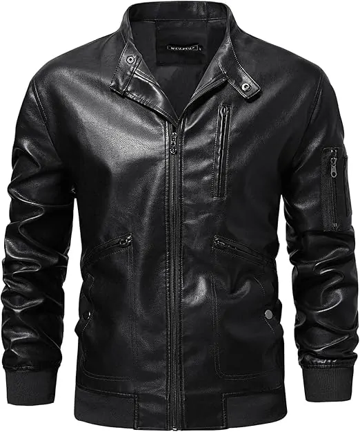 Men's Faux Leather Jacket Stand Collar Lightweight Bomber Jacket