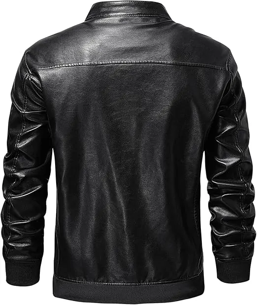 Men's Faux Leather Jacket Stand Collar Lightweight Bomber Jacket - Image 2